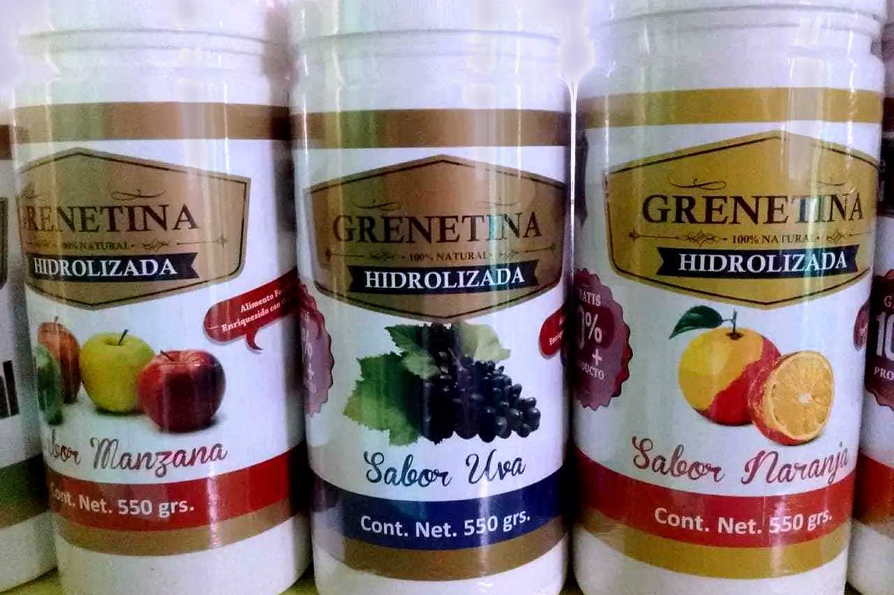grenetina hidrolizada marca pretty bee en presentacion 550 gramos sabores manzana, uva y naranja